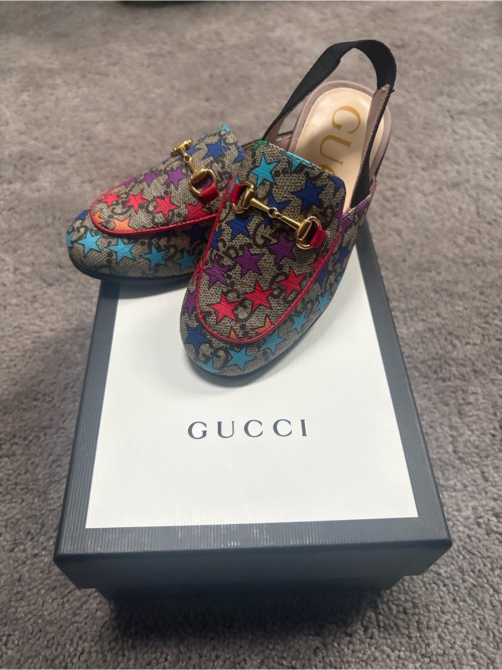 Gucci Multicolor Star Horsebit Slingback Mules - Red, Blue, Purple, Teal